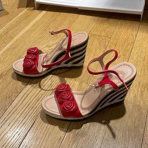 Kate Spade New York Jill Maraschino Red Rosette Stripe Wedge Espadrilles - 7.5M